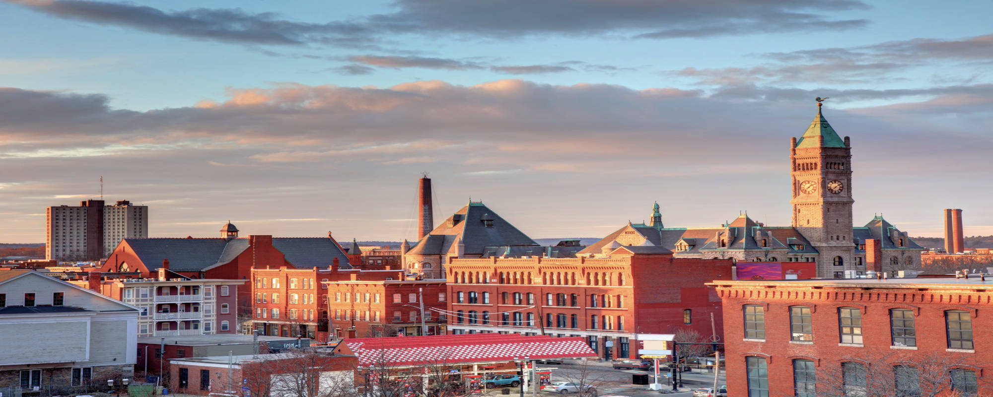 View of the Lowell skyline, a short drive away from Pillars Health Group's mental health and addiction treatment center in Tewksbury, Massachusetts.