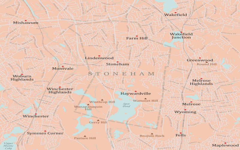 A map of Stoneham, a short drive away from Pillars Health Group's mental health and addiction treatment center in Tewksbury, Massachusetts.