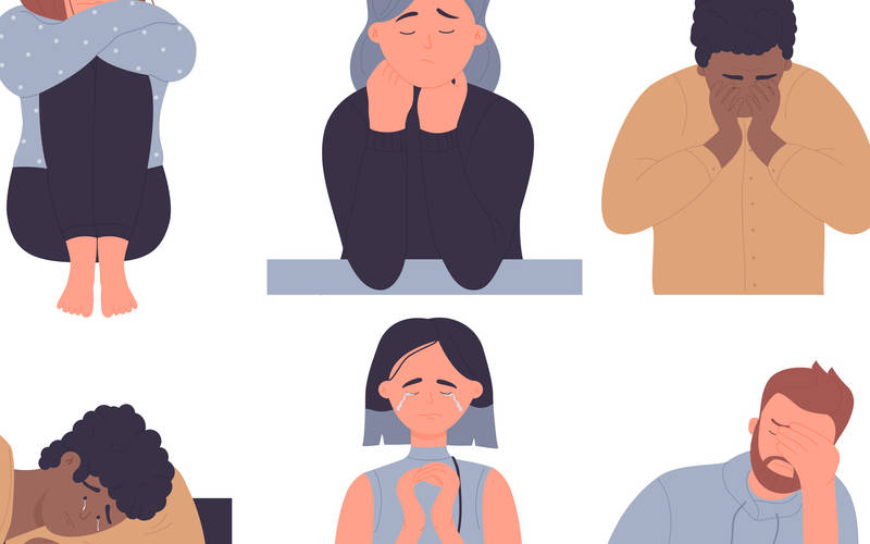 A picture of several teens with different depression symptoms.