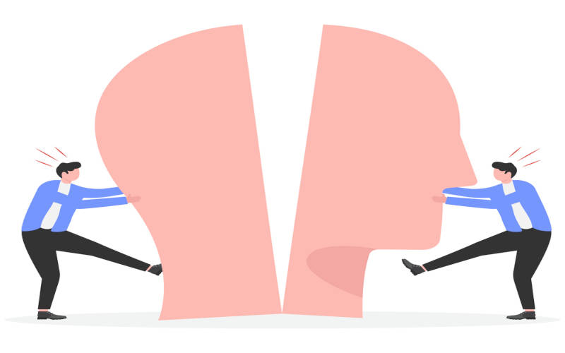 A cartoon image of two people pulling apart a giant head, depicting the split between addiction and mental health challenges a person can face.