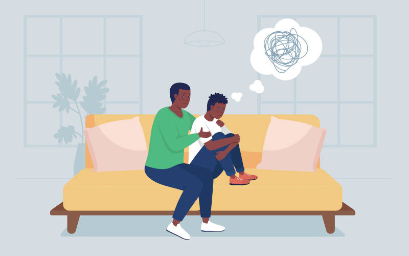A cartoon family experiencing the emotional impact mental health disorders can have.