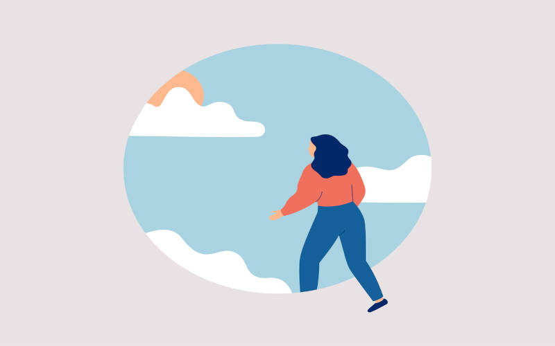 A cartoon of a woman walking through a portal, the cover image for an article titled "What to Expect During Your First Therapy Session."