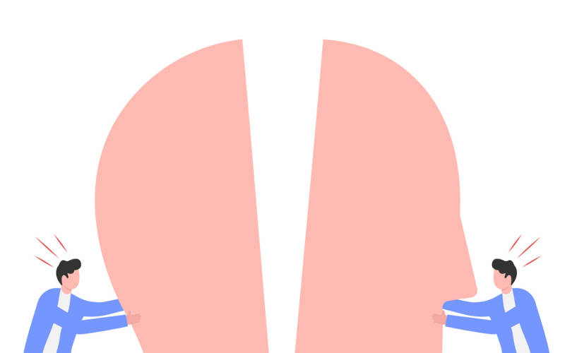 A cartoon image of two people splitting a cartoon head in half, symbolizing dual diagnosis.